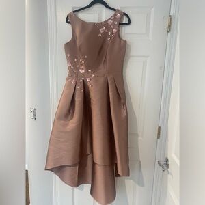 Teri Jon Rose Gold Formal Dress with Floral Accents